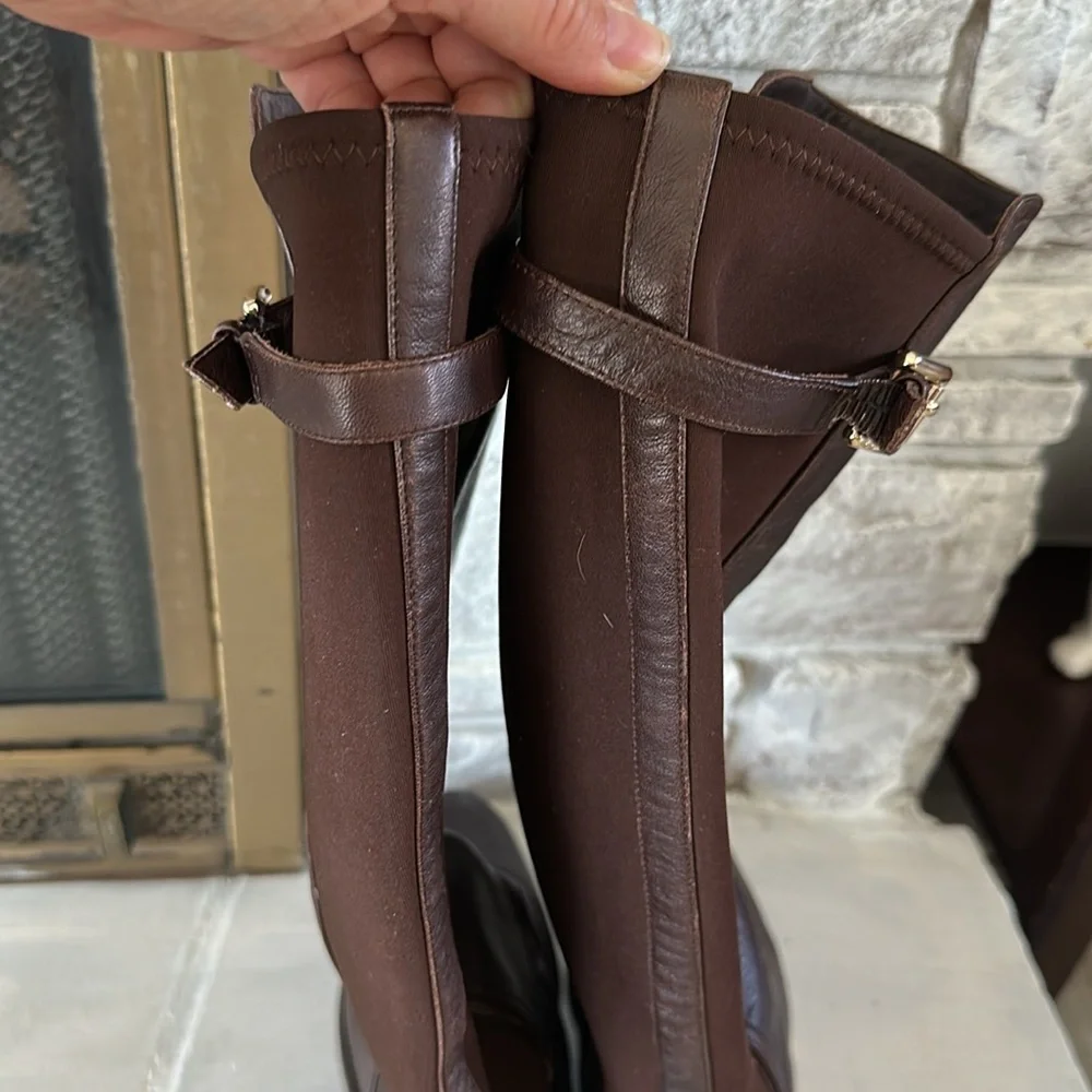 Coach Lilac Tall Boots Brown Leather Fabric Stretch Panel Size 10 Buckle Classy - Picture 10 of 16